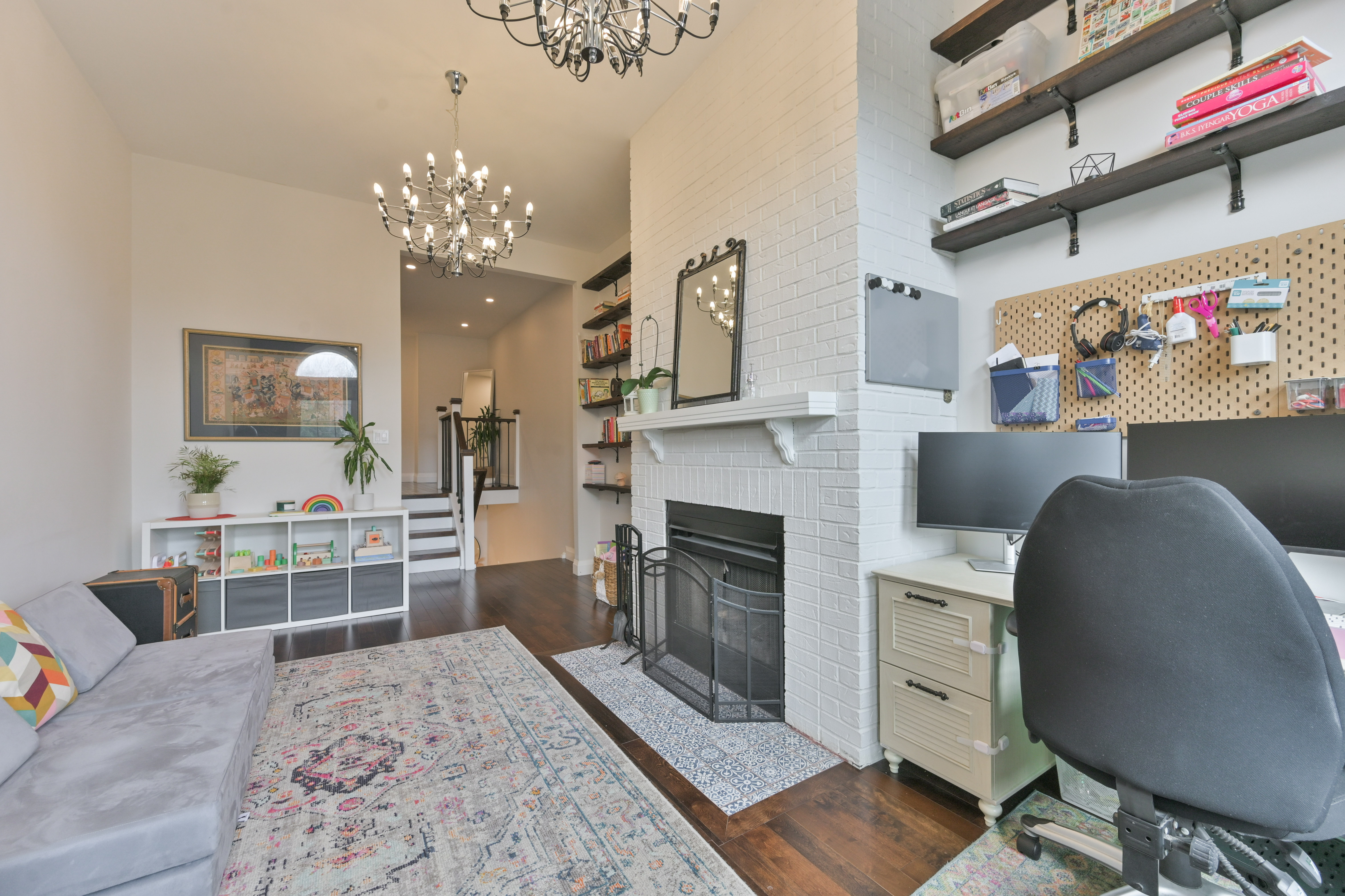 Family room built-in shelving and light fixtures