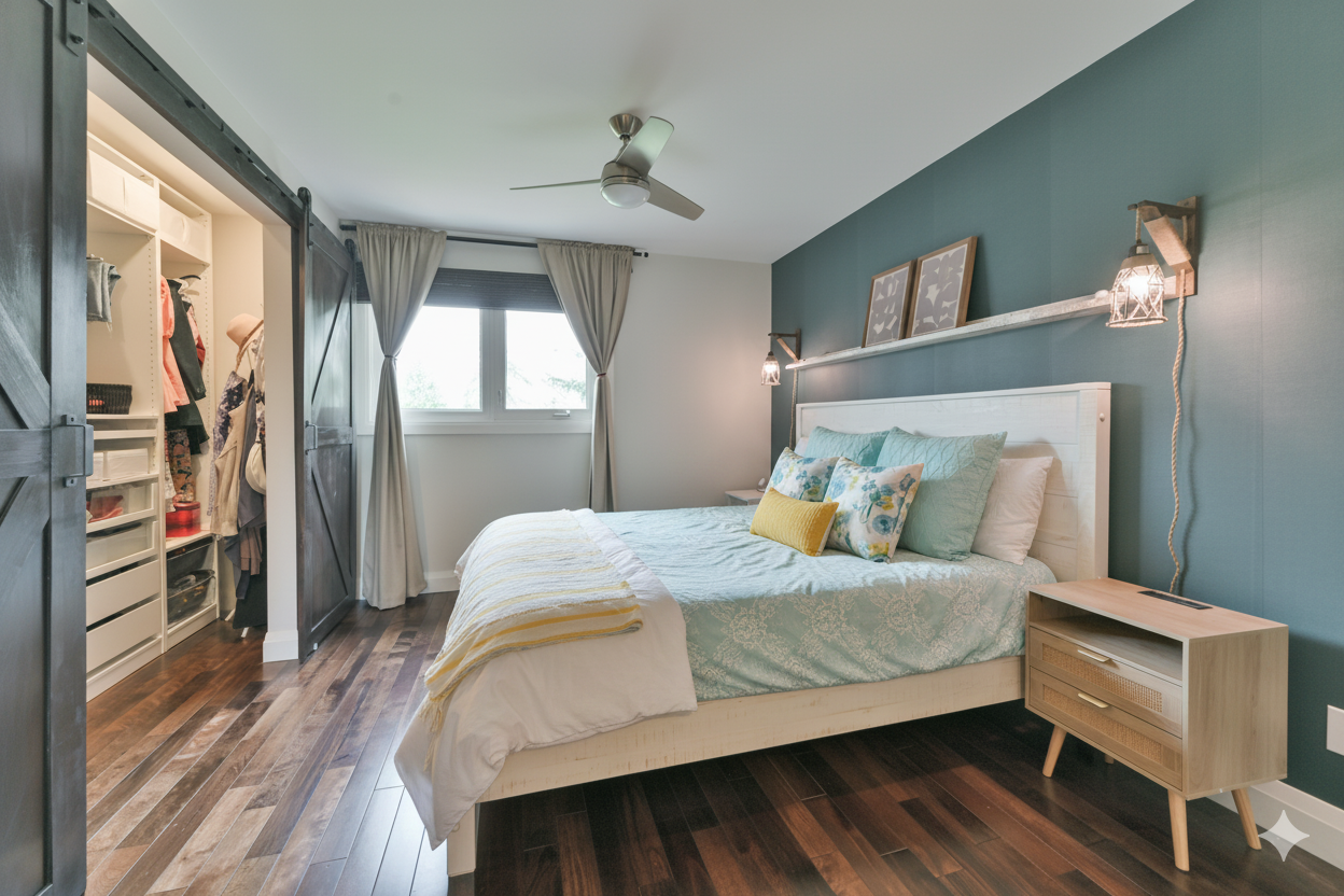 Primary bedroom with teal accent wall